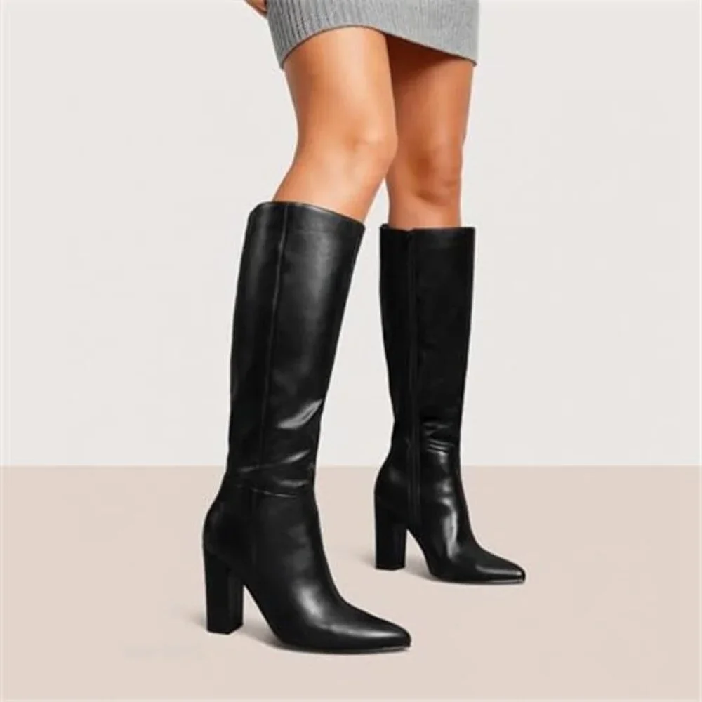 Women Knee High Boots Chunky Heel Pointed Toe Tall Zipper Winter Dress Shoes